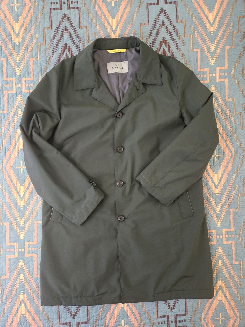 Canali Olive Green Single-Breasted Trench Coat